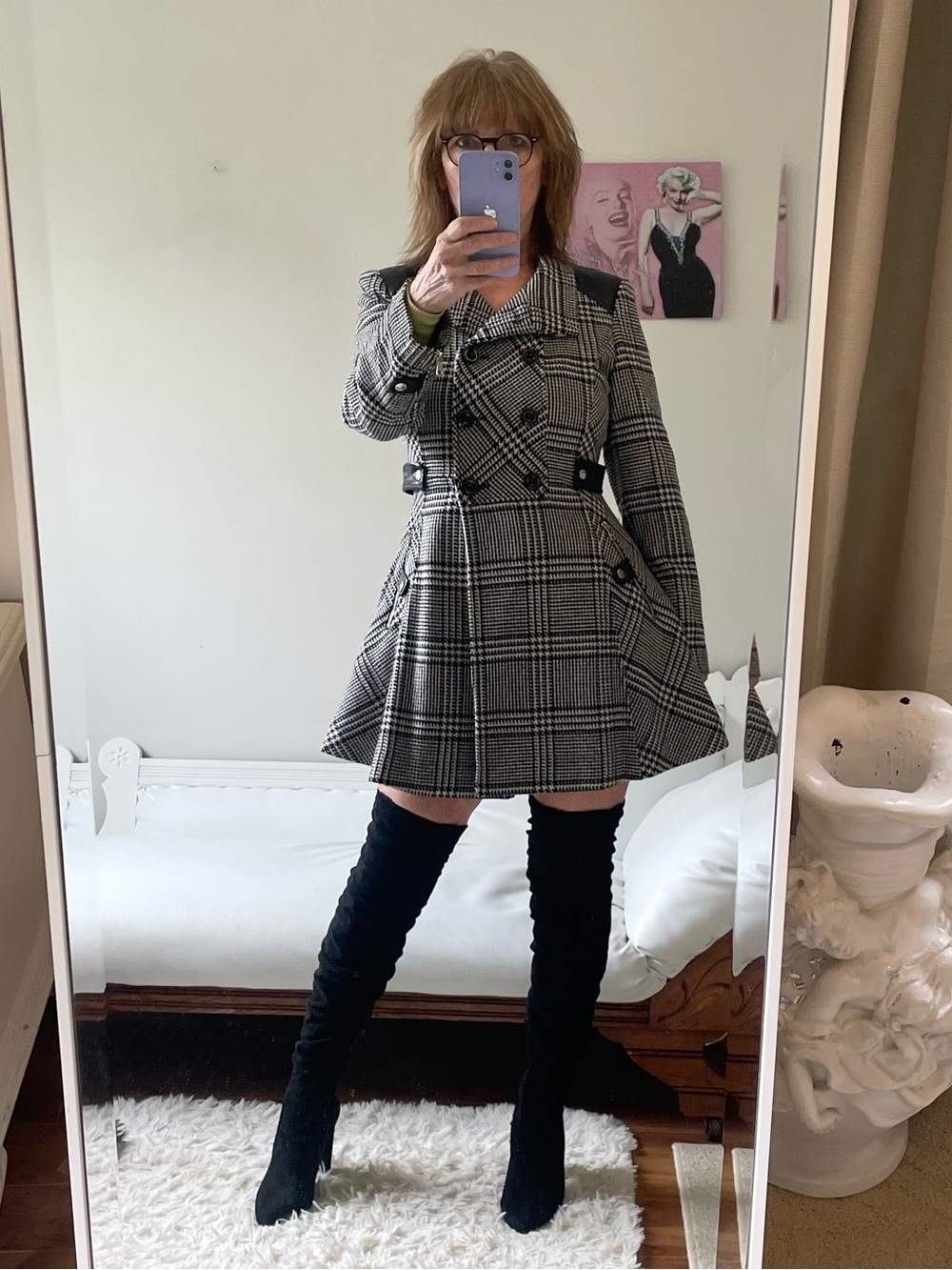 GUESS BLACK WHITE HOUNDSTOOTH PLAID COAT FAUX LEATHER SILVER ZIPPER SNAPS FITTED